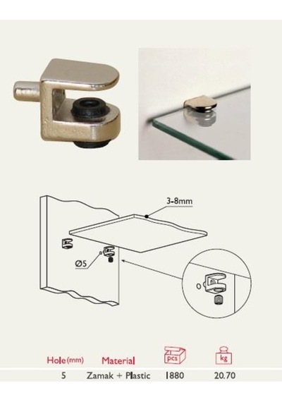 Gürcay Sıkıştırmalı Cam Raf Pimi 5Mm Pimli 8 Adet Gri