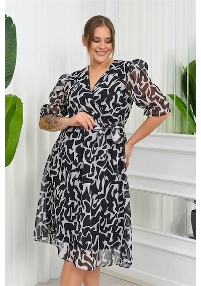 Dip Moda Kadın Büyük Beden Desenli Şifon Elbise Dpnb8063 - Siyah Siyah