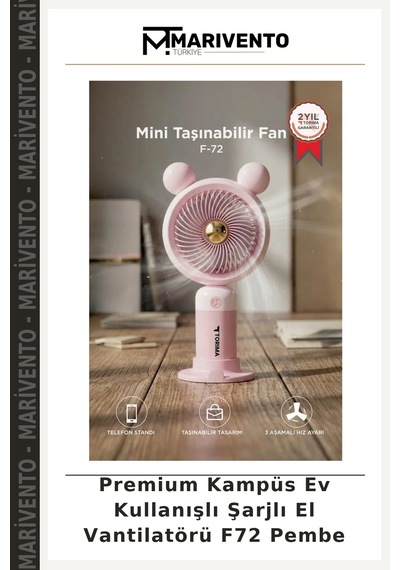 Premium Kampüs Ev Kullanışlı Şarjlı El Vantilatörü F72 Pembe