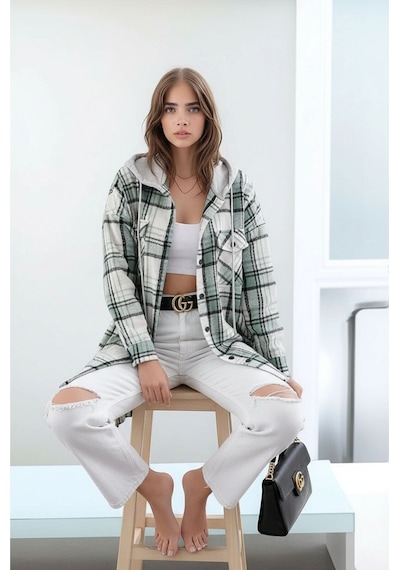 Mamayaga Kadın Desen Bloklu Oduncu Oversize Geniş Kalıp Casual Cepli Kapüşonlu Uzun Boy Ceket Gömlek Beyaz - Yeşil Mamayaga Kadın Desen Bloklu Oduncu Oversize Geniş Kalıp Casual Cepli Kapüşonlu Uzun Boy Ceket Gömlek Beyaz - Yeşil