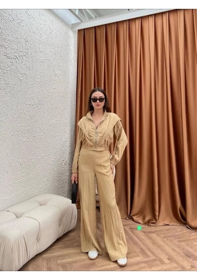 Butik Moda Ptkmks001 Üstü Kısa Fermuarlı Pantolonlu Takım Vizon 001