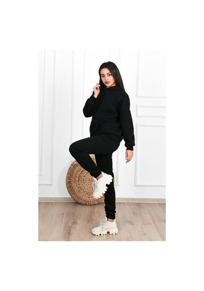 Düz Basic Eşofman Takımı Sweatshirt Jogger - Siyah Oversize Şardonlu Kapüşonlu Siyah