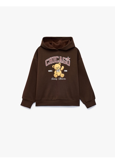 Koton Ayıcık Baskılı Şardonluuzun Kollu Kapşonlu Sweatshirt Kahverengi 7wkg10369ak Kahve