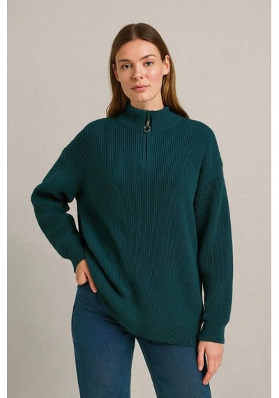 Efnaz Style Kadın Yarım Fermuarlı Triko Kazak Selanik Örgü, Dik Yaka, Pamuklu Dokuma, Oversize Uzun Kollu Kışlık Model - Haki