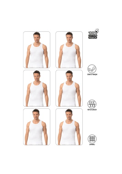 Özkan Underwear Özkan 0113 6'lı Paket Erkek %100 Pamuklu Esnek Yumuşak Ribana Kalın Askılı Atlet Beyaz