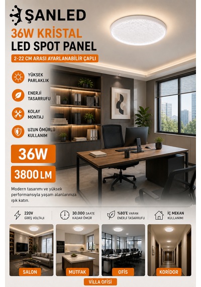 36w Kristal Beyaz Işık Led Spot Panel 3800 Lümen 2-22 Cm Ayarlanabilir Çaplı Tavan Aydınlatma 4 Adet