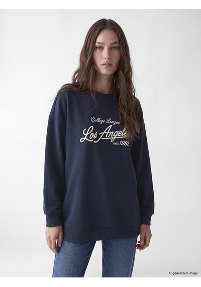 Lcw Modest Lacivert Baskılı Kadın Kalın Sweatshirt Tunik