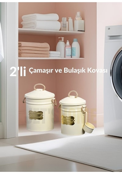2'li Set Deterjan Kovası Çamaşır Bulaşık Kutusu Ölçekli Galvaniz Metal Beyaz Beyaz