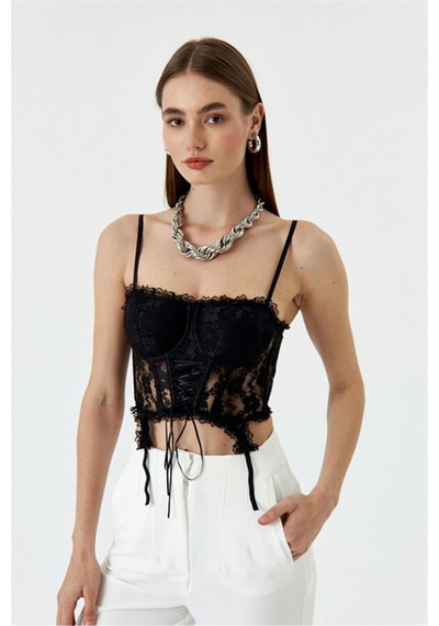 Fashion Cocktail Ön Korseli Askılı Göğüs Pedli Dekoratif Saçaklı Dantelli Gece Krop Büstiyer Siyah Fashion Cocktail Ön Korseli Askılı Göğüs Pedli Dekoratif Saçaklı Dantelli Gece Krop Büstiyer Siyah