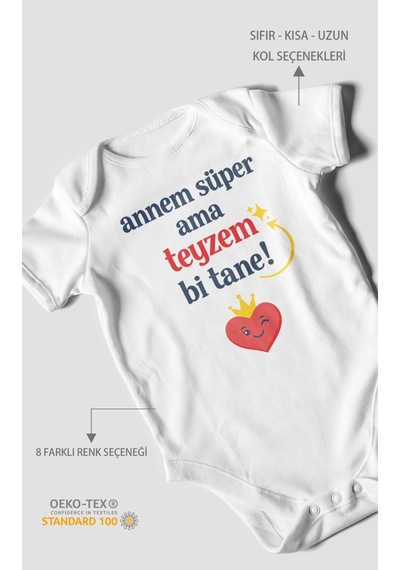 Morivokids Annem Süper Ama Teyzem Bi Tane Kısa Kollu Bebek Body %100 Pamuk Beyaz