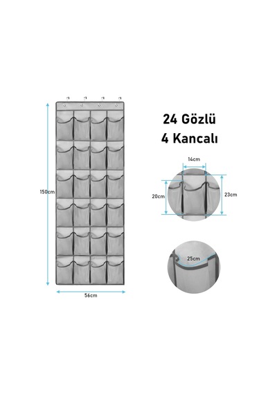 Valkyrie Kapı Arkası Ayakkabı Organizer 24 Gözlü Askılı Dolap İçi Düzenleyici 4 Kancalı Gri Gri