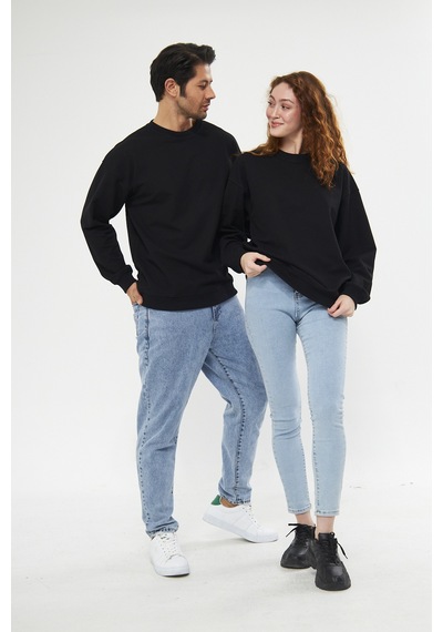 Unisex Siyah Waffle Kumaş Rahat Oversize Basic Sweatshirt Siyah