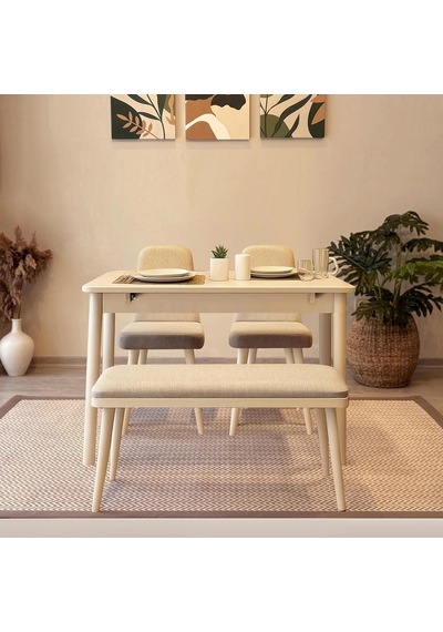 Vina Mini Açılır Mutfak Masa Takımı, Krem 1 Masa + 2 Sandalye + 1 Bench Çok Renkli