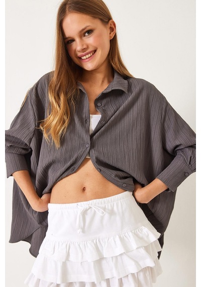 Shade Kadın Düşük Omuz Oversize Basic Bürümcük Gömlek 60392 60271069 - Füme