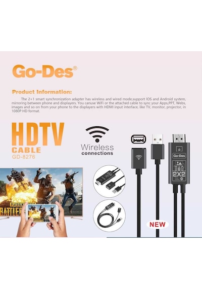 Go Des GD-8276 Wireless Display Dongle Kablosuz HDMI 1080p Görüntü Aktarım 110 cm - Siyah ZORE-260166