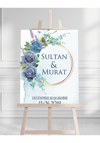 Söz Nişan Düğün İçin 50x70 Karşılama Panosu - Mavi Gül Desenli 002 Beyaz