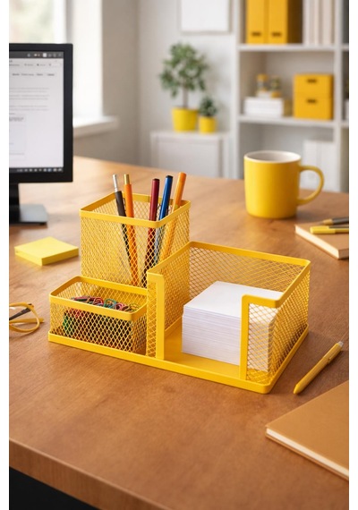Need Nd-1034 Metal Mesh Masaüstü Organizer 3 Bölmeli, Çok Amaçlı Düzenleyici Sarı