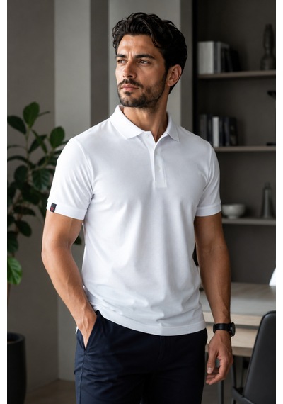 Luxıc Core Erkek Polo Yaka Beyaz Tişört Likralı Pike Kumaş Terletmez Slim Fit Günlük Şık Tasarım