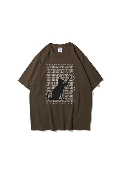 Flood Of Style Unisex Kahverengi 01 Kedi Baskılı Oversize Bisiklet Yaka Tshirt