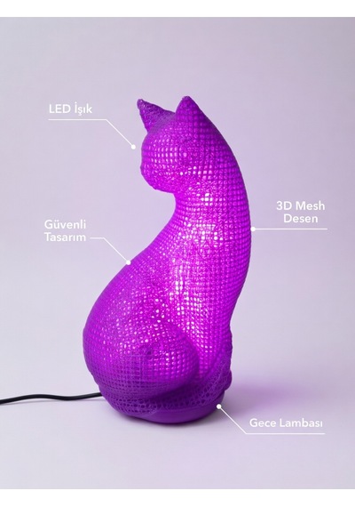 Dekoratif Kedi Figürlü Gece Lambası 3d Yazıcı Baskı Hediyelik Masa Lambası Aydınlatma 23cm Mor