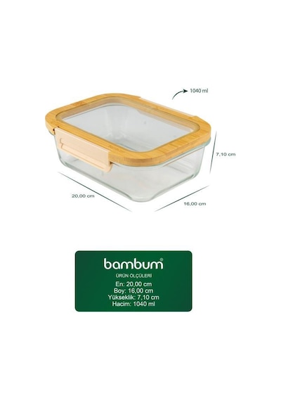 Bambum Moira - Cam Kapaklı Kilitli Cam Saklama Kabı 1040 Ml Bambu