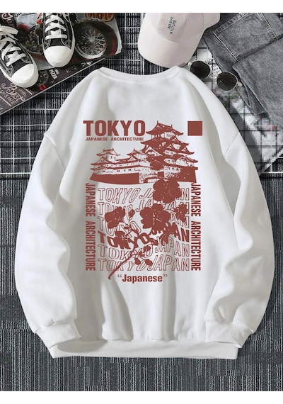 Startmore Japon Tokyo Sakura Baskı Bahar Rahat Kadın Kazak Kazak Sıcak Yumuşak Hoodies Gevşek Crewneck Beyaz
