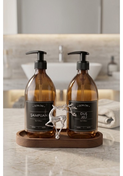 Sabunluk Amber Şişe Cam İkili Şampuan-duş Jeli Banyo Düzenleyici Lüks Gümüş Geyik Ahşap Standlı 500ml