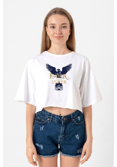The Fall Of The House Of Usher Raven Beyaz Kadın Crop Tshirt Beyaz