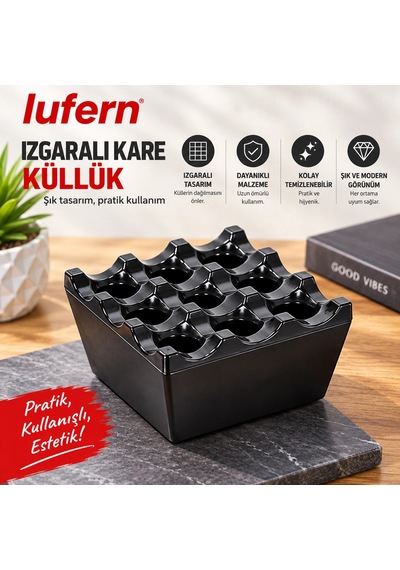 Izgaralı Kare Küllük Bakalit Plastik Siyah Ev İş Yeri Kafe Restoran Kül İzmarit Bahçe Açık Alan