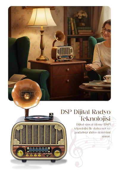 Nostaljik Gramofon Tasarımlı Bluetooth Hoparlör & Plak Çalar Görünümlü Radyo