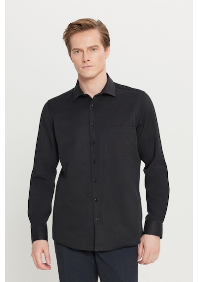 AC&Co / Altınyıldız Classics Erkek Sıyah Pamuklu Tailored Slim Fit Dar Kesim Klasik Yaka Armürlü Cepli Gömlek Siyah