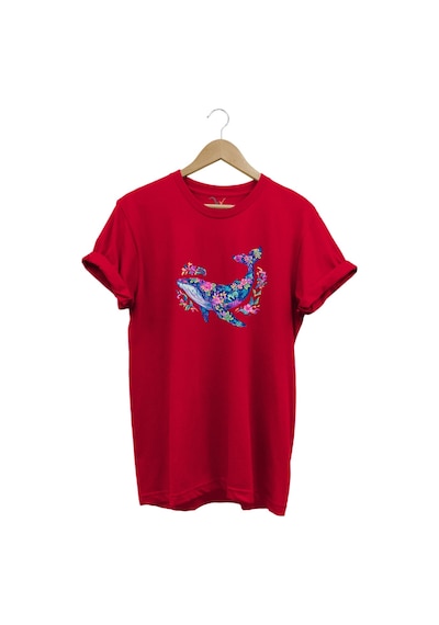 Renkli Balık Balina Desenli Baskılı %100 Pamuk Regular Fit Unisex T-shirt Kırmızı