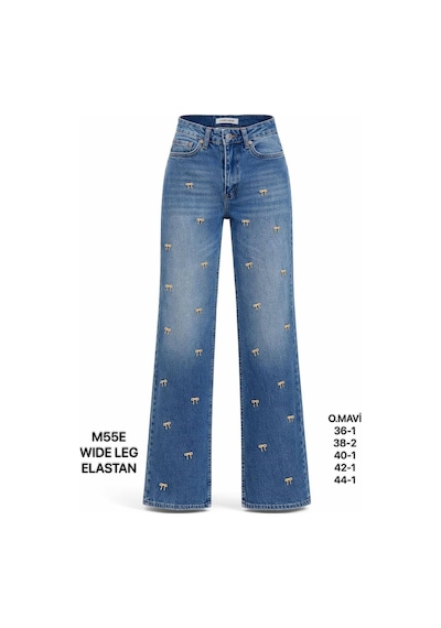 Miss Poem Kadın Orta Mavi Fiyonk Detaylı Wide Leg Jean Pantolon