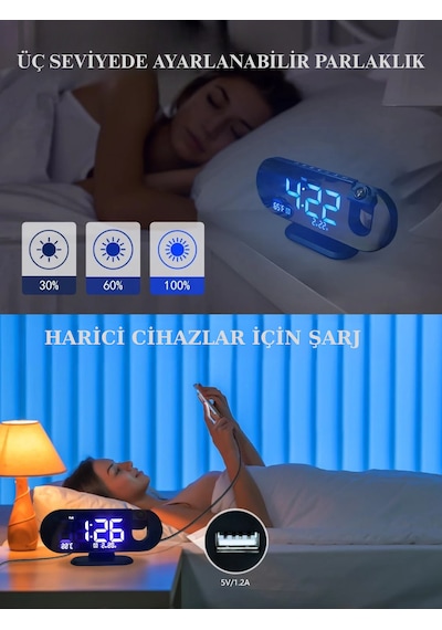 Çok Foksiyonlu Led Projeksiyonlu Dijital Alarm Saati Sıcaklık Nem Göstergeli Usb Şarj 180 Dönen Siyah
