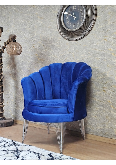 Zafir Tekli İstiridye Krom Kaplama Telli Ayak Çay Seti Koltuk Tekli Berjer , Balkon, Salon, Ofis Mavi
