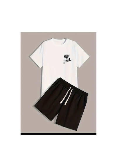 Medinenur Göğüs Gül Baskılı T-shirt Short Bol Paça Rahat Kalıp Siyah Alt Siyah Üst Short Takım Beyaz
