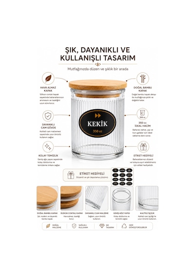 12'li Stantlı Çizgili Cam Baharatlık Seti - Etiketli Ahşap Kapaklı Organizer Baharat Saklama Kabı Çerezlik 350 Ml Şeffaf