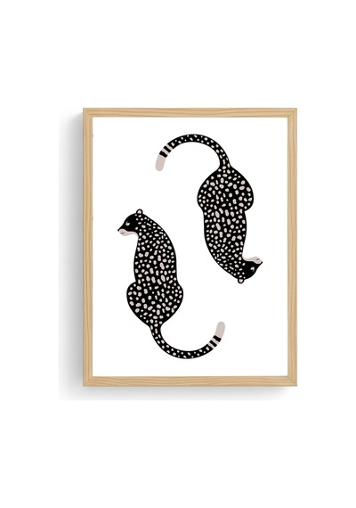 Doğal Ahşap Çerçeveli Retro Leopar Desenli Hayvan Tablo - Nokta Desenli Huhu2706