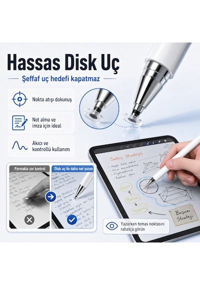 Honor Pad 9 İle Uyumlu Çift Uçlu Dokunmatik Kalem Disk Fiber Uç Beyaz