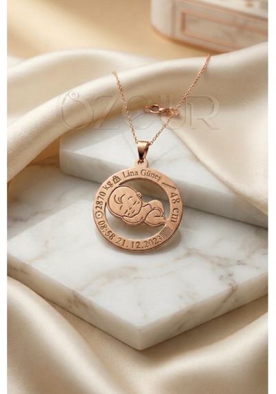 925 Ayar Gümüş Kişiye Özel Yazılı Bebek Figürlü Kolye Rose Gold