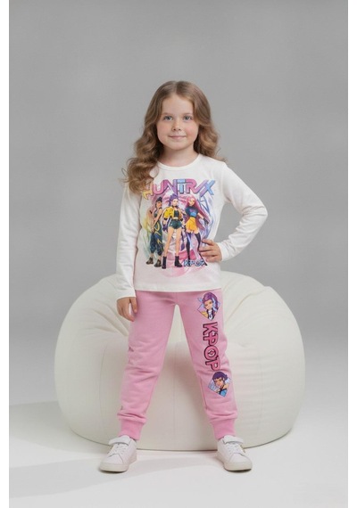 Karakter Baskılı Penye Ceketli - Penye Sweatshirt - Penye Pantolonlu Kız Çocuk 3lü Takım 261010 Lila