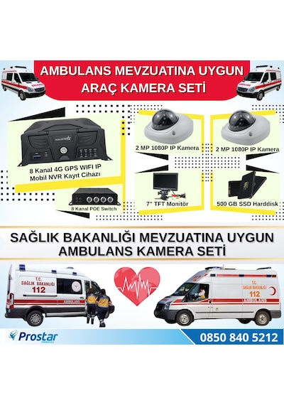 Ambulans Mevzuatına Uygun 2 Kameralı 8 Kanal Mobil Nvr 500 Gb 7 İnç Monitörlü Tak Kullan Set