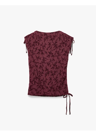 Koton Slim Fit Büzgülü Kayık Yaka Kolsuz Dantel İşlemeli Tül Bluz Bordo Desenli 7wal30011ık Koton Slim Fit Büzgülü Kayık Yaka Kolsuz Dantel İşlemeli Tül Bluz Bordo Desenli 7wal30011ık