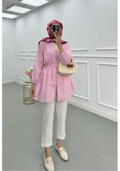 Unika Boutique Kadın Önü Pile Detaylı Gömlek Pembe