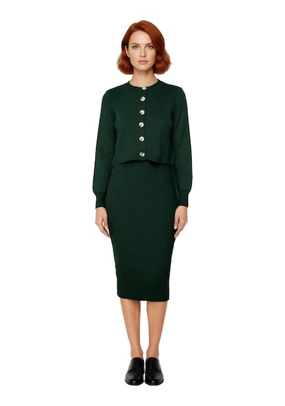 Ersefa Kadın Şık Akrilik Bisiklet Yaka Uzun Kol Bodycon Midi Triko Elbis Zümrüt Yeşili