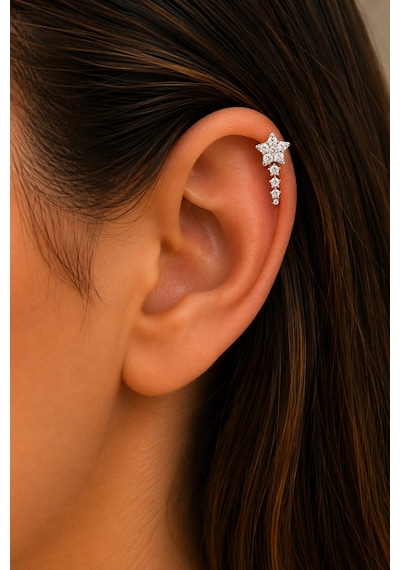 Sertifikalı 316l Çelik Taşlı Kayan Yıldız Figürlü Sallantılı Premium Gümüş Renk Helix Piercing