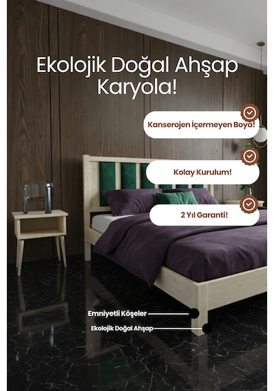 Ori On Zümrüt Yeşili Puf Başlıklı Masif Ahşap Natürel 90x190
