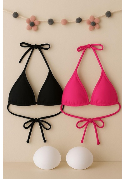 Moda Dua Kadın Siyah Ve Fuşya Minimal Kesim Üçgen Bikini Üstü Çok Renkli