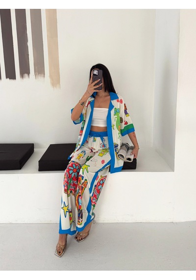 Asprin Fashion Egzotıc Baskılı Gömlek Pantolon Tkım Mavi