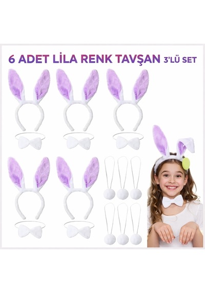 Lila Tavşan Sahne Seti 6&amp 39 Lı Set Taç Csmtex - 60 Papyon Kuyruk